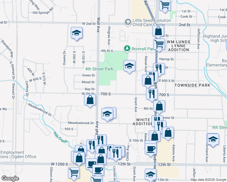 map of restaurants, bars, coffee shops, grocery stores, and more near 153 East 700 South in Ogden