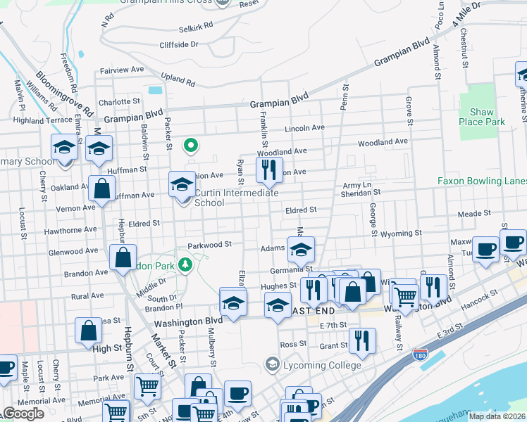 map of restaurants, bars, coffee shops, grocery stores, and more near 214 Eldred Street in Williamsport