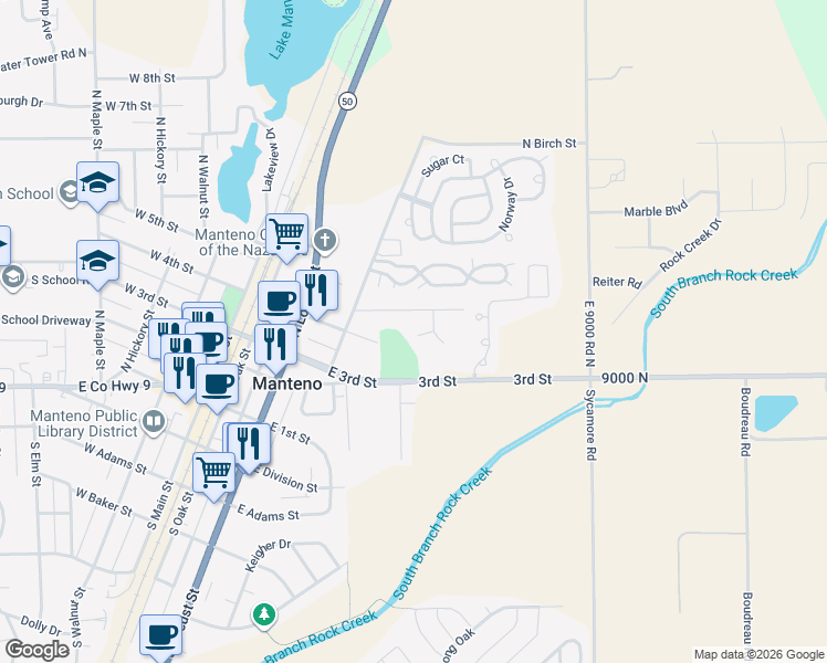 map of restaurants, bars, coffee shops, grocery stores, and more near 383 Lynn Drive in Manteno