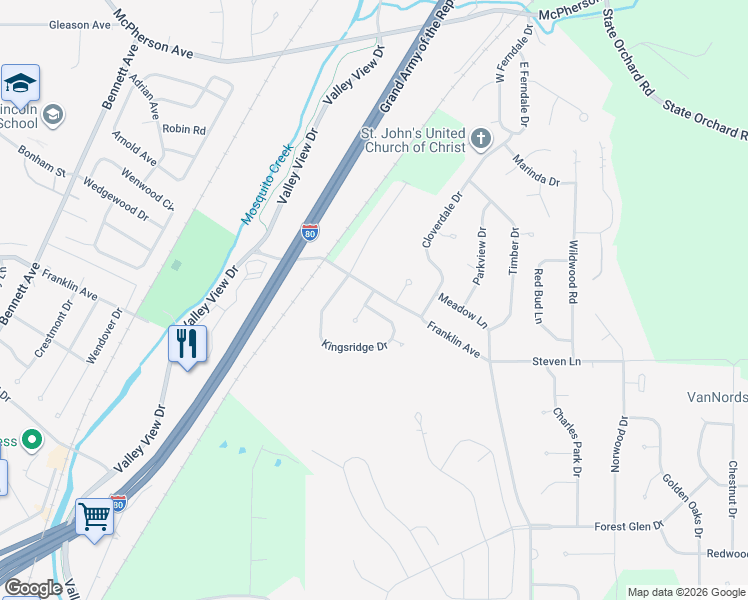map of restaurants, bars, coffee shops, grocery stores, and more near 315 Kingsridge Drive in Council Bluffs