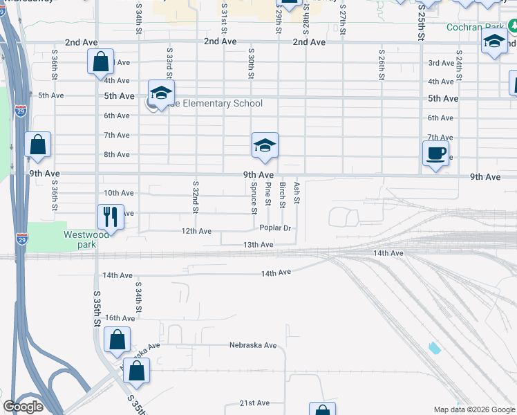 map of restaurants, bars, coffee shops, grocery stores, and more near 1111 Spruce Street in Council Bluffs