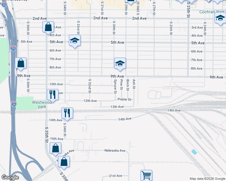map of restaurants, bars, coffee shops, grocery stores, and more near 1111 Spruce Street in Council Bluffs
