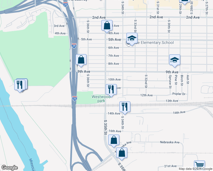 map of restaurants, bars, coffee shops, grocery stores, and more near 3505 11th Avenue in Council Bluffs