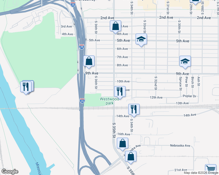 map of restaurants, bars, coffee shops, grocery stores, and more near 3505 11th Avenue in Council Bluffs