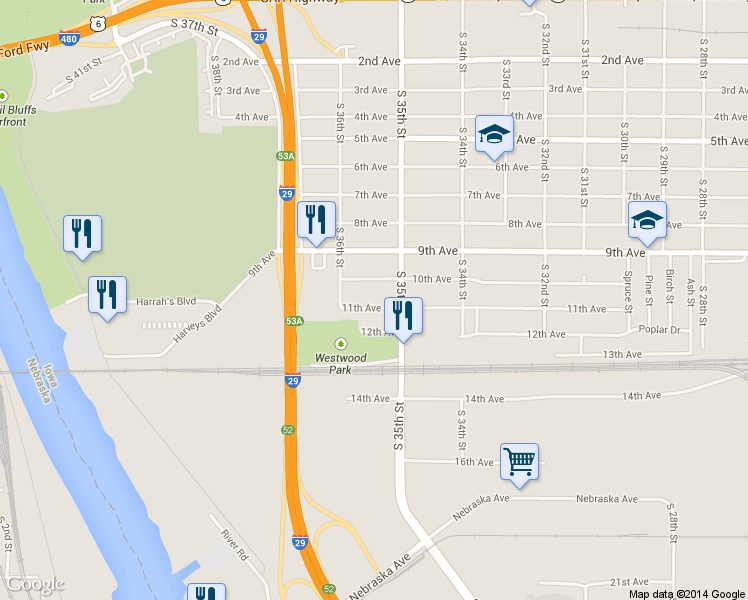 map of restaurants, bars, coffee shops, grocery stores, and more near 3505 11th Avenue in Council Bluffs
