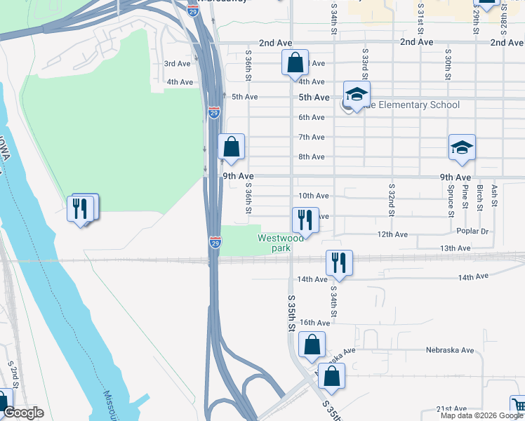 map of restaurants, bars, coffee shops, grocery stores, and more near 3549 11th Avenue in Council Bluffs