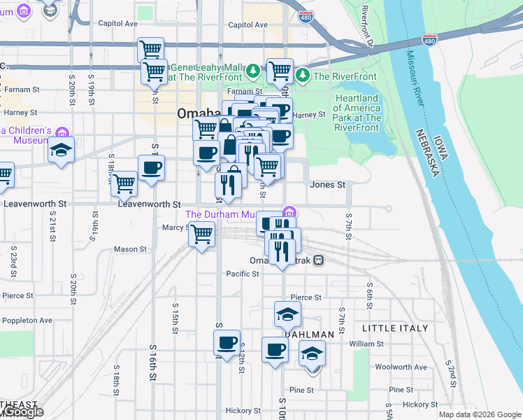 map of restaurants, bars, coffee shops, grocery stores, and more near in Omaha