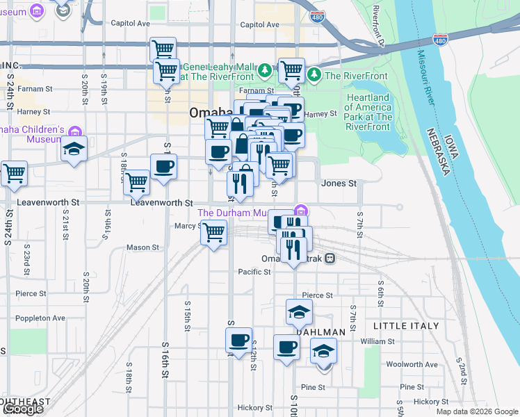map of restaurants, bars, coffee shops, grocery stores, and more near in Omaha