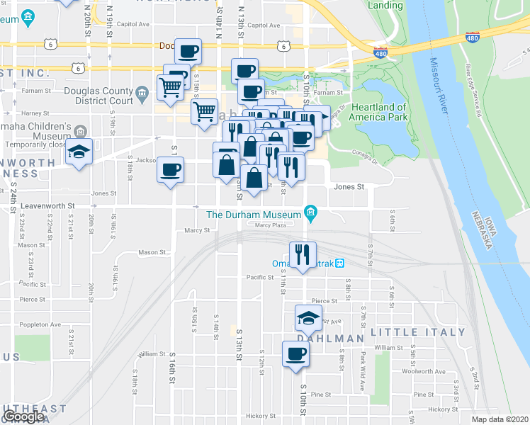 map of restaurants, bars, coffee shops, grocery stores, and more near in Omaha