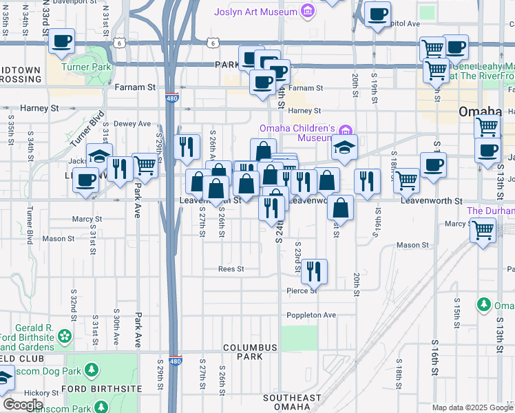 map of restaurants, bars, coffee shops, grocery stores, and more near 2515 Marcy Street in Omaha
