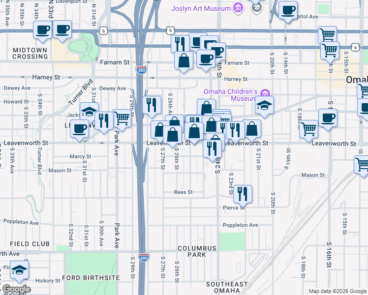 map of restaurants, bars, coffee shops, grocery stores, and more near 2567 Marcy Street in Omaha