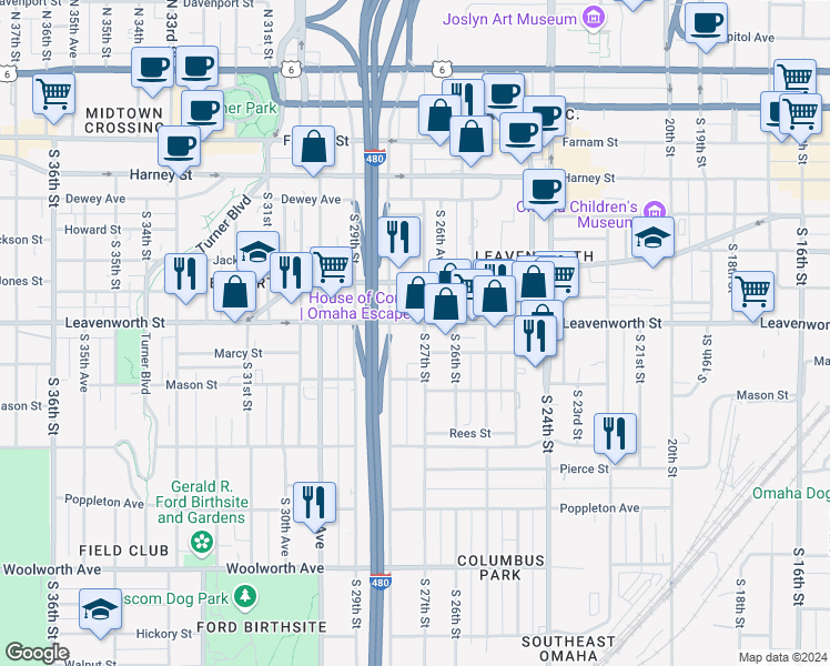 map of restaurants, bars, coffee shops, grocery stores, and more near 824 South 27th Street in Omaha