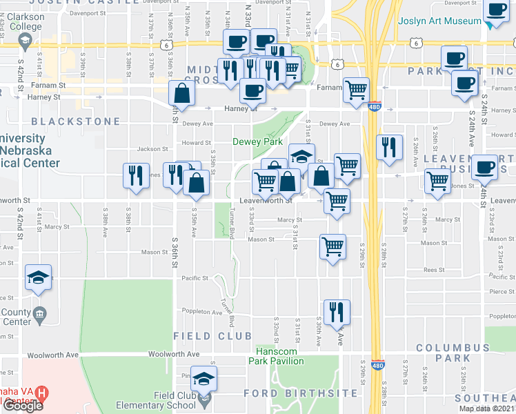 map of restaurants, bars, coffee shops, grocery stores, and more near 3216 Marcy Street in Omaha