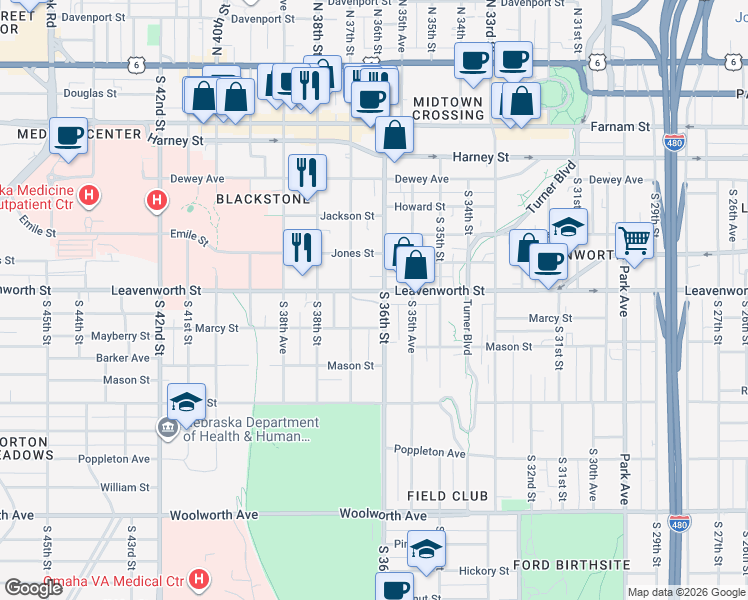 map of restaurants, bars, coffee shops, grocery stores, and more near 3612 Marcy Street in Omaha