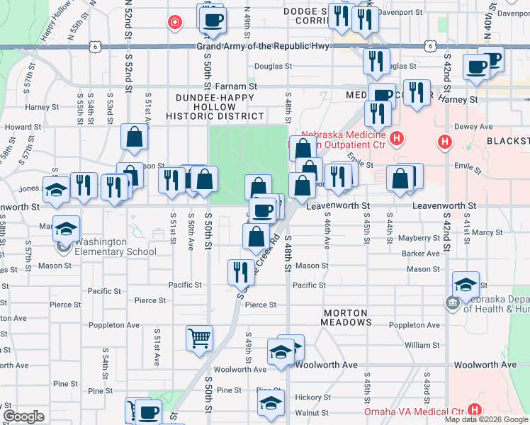 map of restaurants, bars, coffee shops, grocery stores, and more near 888s Saddle Creek Road in Omaha