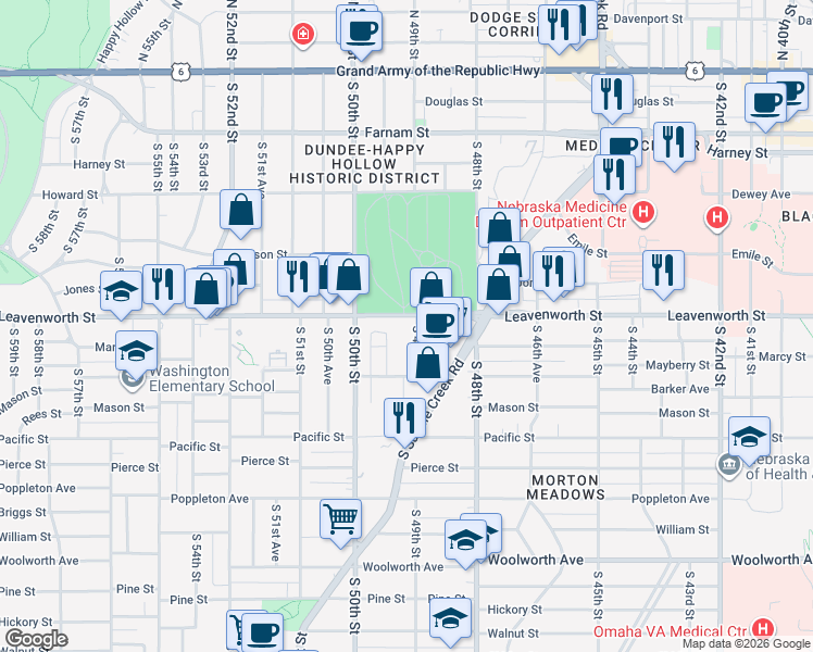 map of restaurants, bars, coffee shops, grocery stores, and more near 822 South 49th Street in Omaha