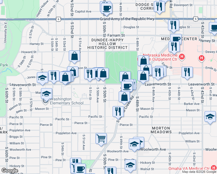 map of restaurants, bars, coffee shops, grocery stores, and more near 822 South 49th Avenue in Omaha