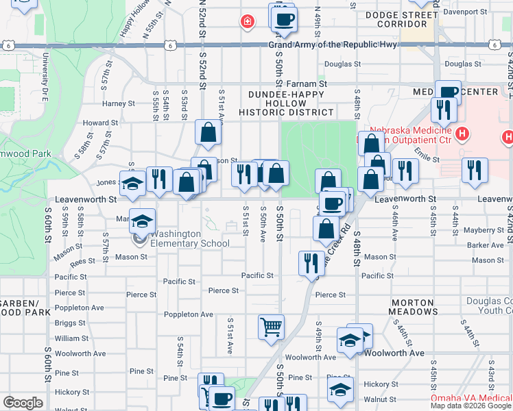 map of restaurants, bars, coffee shops, grocery stores, and more near 821 South 50th Avenue in Omaha