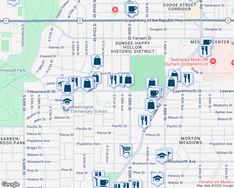 map of restaurants, bars, coffee shops, grocery stores, and more near 825 South 51st Street in Omaha