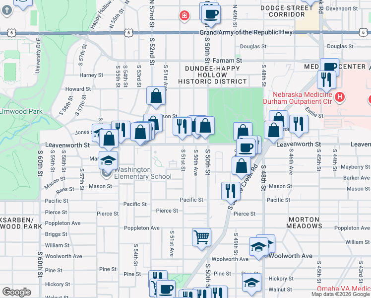 map of restaurants, bars, coffee shops, grocery stores, and more near 825 South 51st Street in Omaha