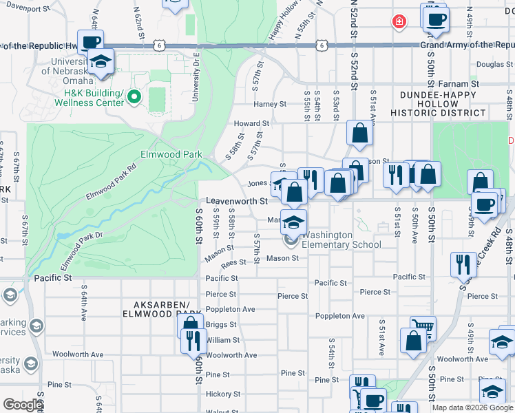 map of restaurants, bars, coffee shops, grocery stores, and more near 5703 Marcy Street in Omaha