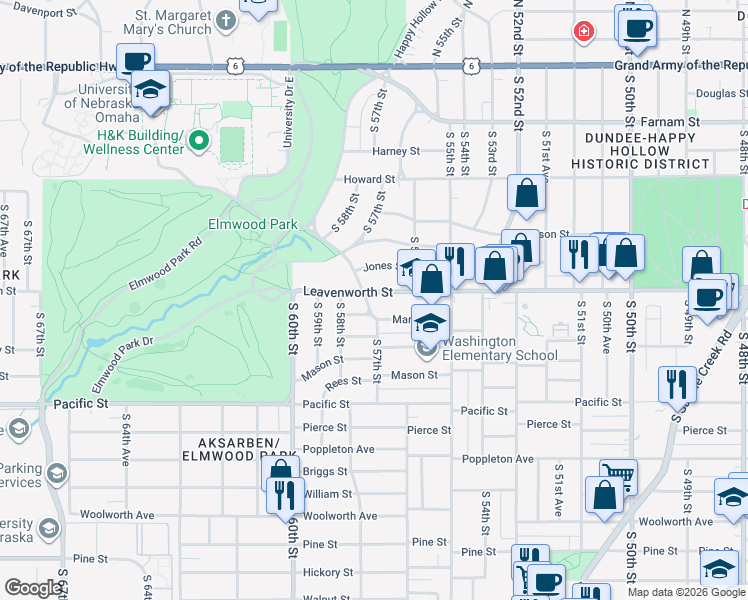 map of restaurants, bars, coffee shops, grocery stores, and more near 5703 Marcy Street in Omaha