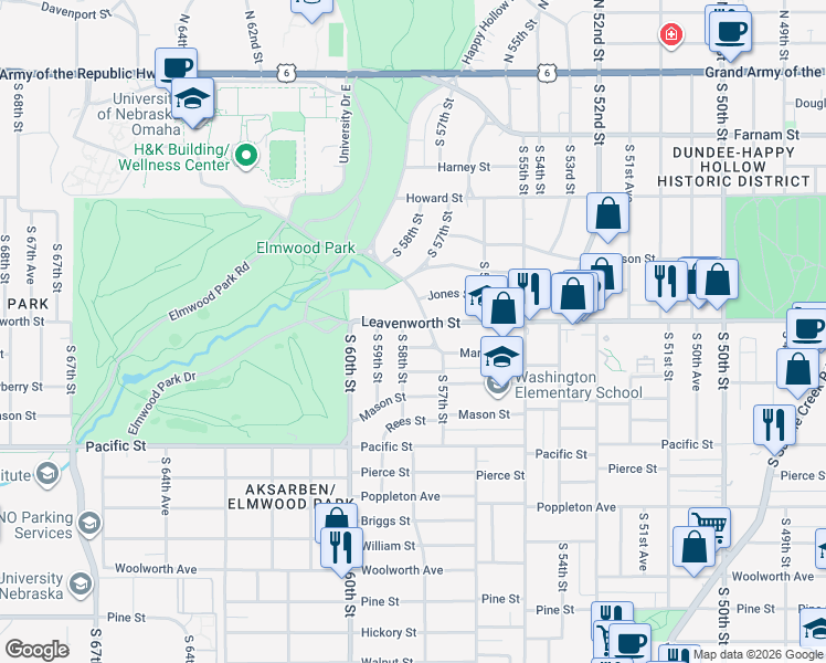 map of restaurants, bars, coffee shops, grocery stores, and more near 902 South 58th Street in Omaha