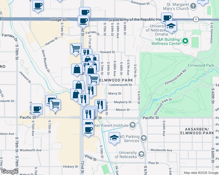 map of restaurants, bars, coffee shops, grocery stores, and more near 6820 Marcy Street in Omaha