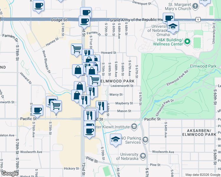 map of restaurants, bars, coffee shops, grocery stores, and more near 6820 Marcy Street in Omaha