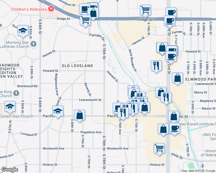 map of restaurants, bars, coffee shops, grocery stores, and more near 623 South 78th Street in Omaha