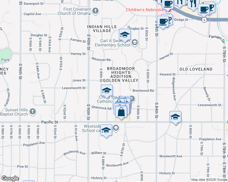 map of restaurants, bars, coffee shops, grocery stores, and more near 8807 Edgevale Place in Omaha