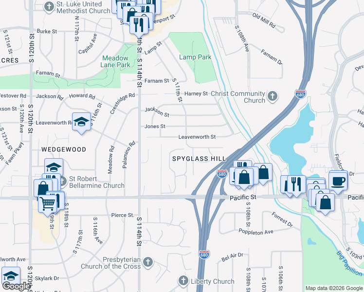 map of restaurants, bars, coffee shops, grocery stores, and more near 825 South 112th Plaza in Omaha