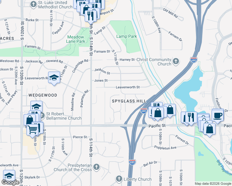 map of restaurants, bars, coffee shops, grocery stores, and more near 825 South 112th Plaza in Omaha