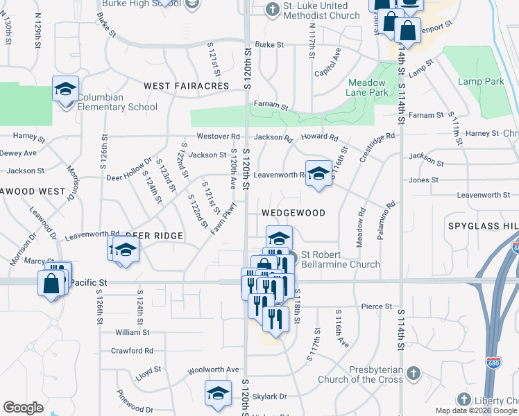 map of restaurants, bars, coffee shops, grocery stores, and more near 956 South 119th Court in Omaha