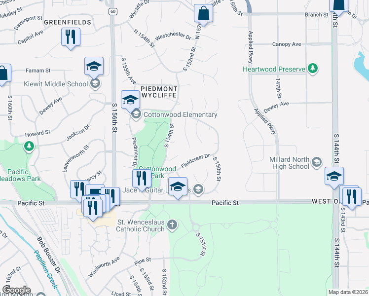 map of restaurants, bars, coffee shops, grocery stores, and more near 15112 Fieldcrest Drive in Omaha