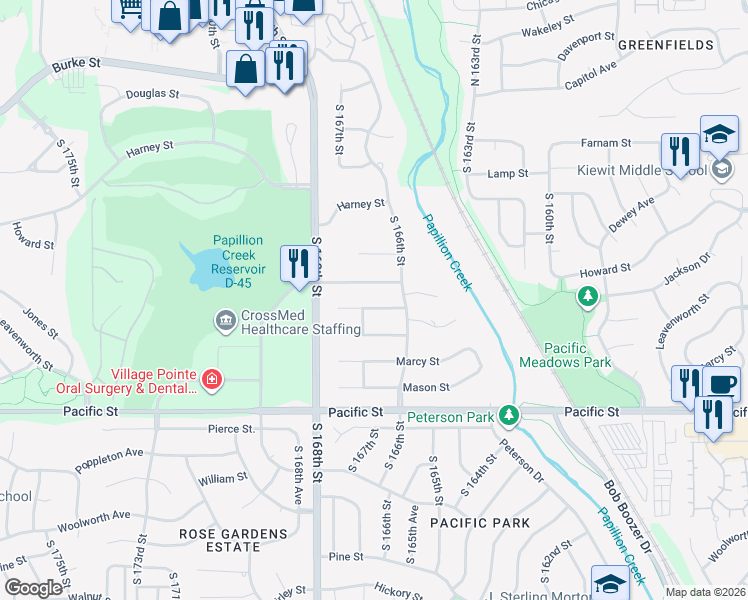 map of restaurants, bars, coffee shops, grocery stores, and more near 16619 Jones Street in Omaha