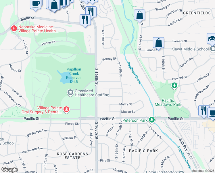 map of restaurants, bars, coffee shops, grocery stores, and more near 16717 Jones Circle in Omaha