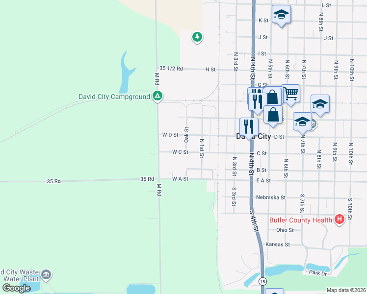 map of restaurants, bars, coffee shops, grocery stores, and more near 127 West C Street in David City