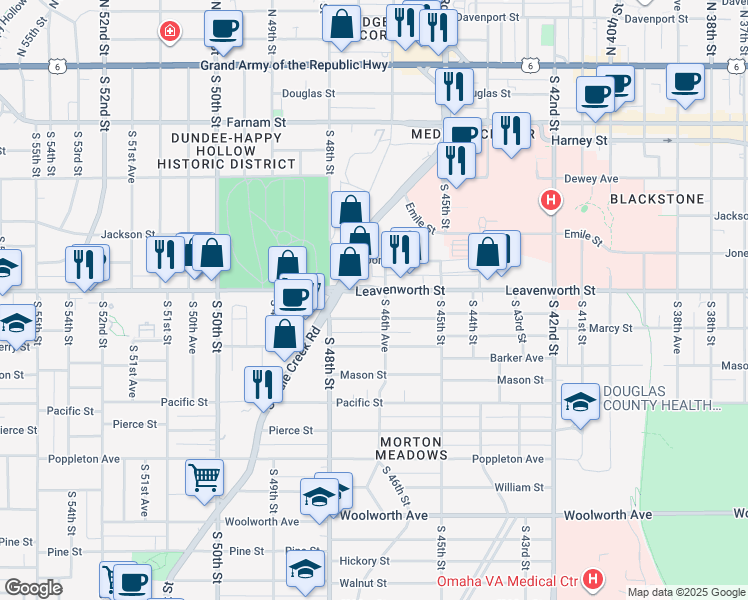 map of restaurants, bars, coffee shops, grocery stores, and more near 4662 Marcy Street in Omaha