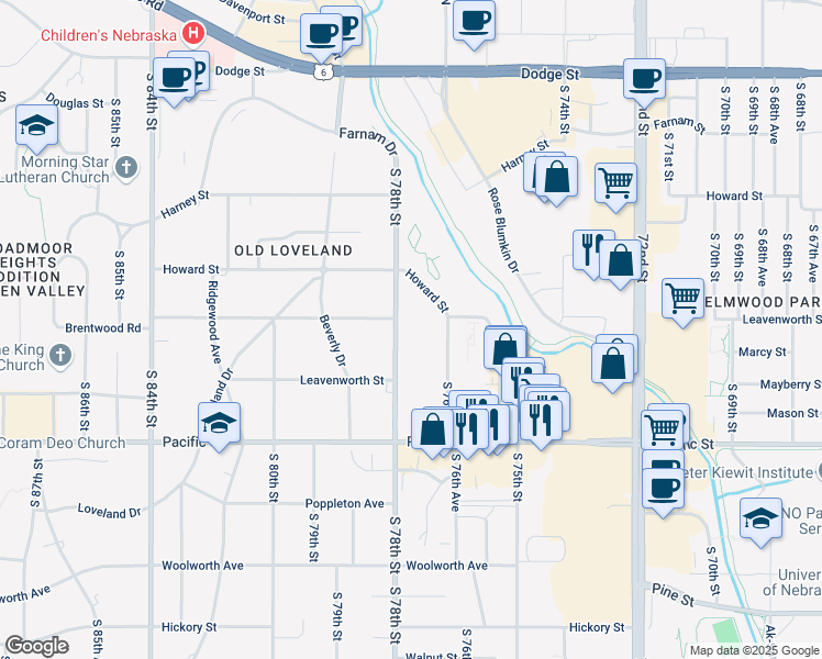 map of restaurants, bars, coffee shops, grocery stores, and more near 623 South 78th Street in Omaha