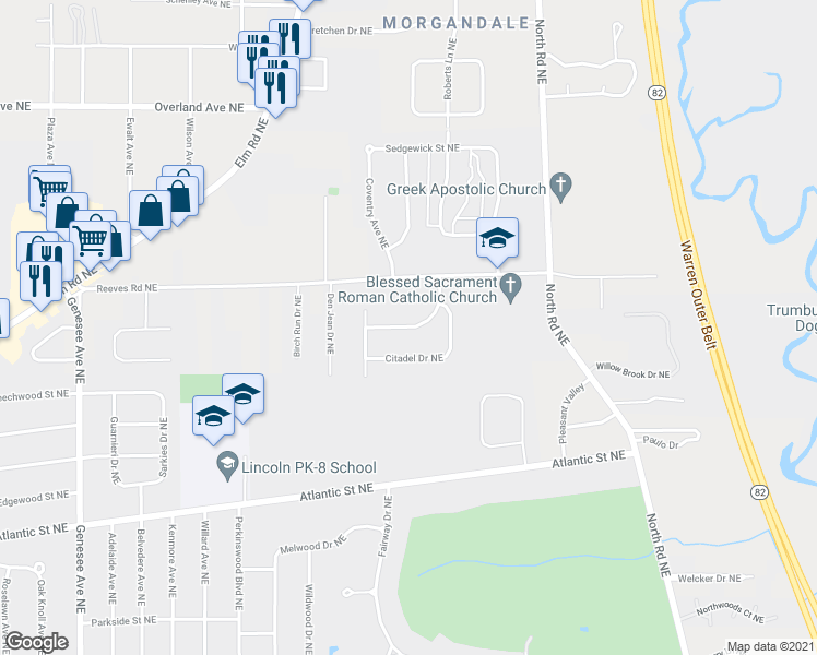 map of restaurants, bars, coffee shops, grocery stores, and more near 2790 Dartmoor Drive Northeast in Warren