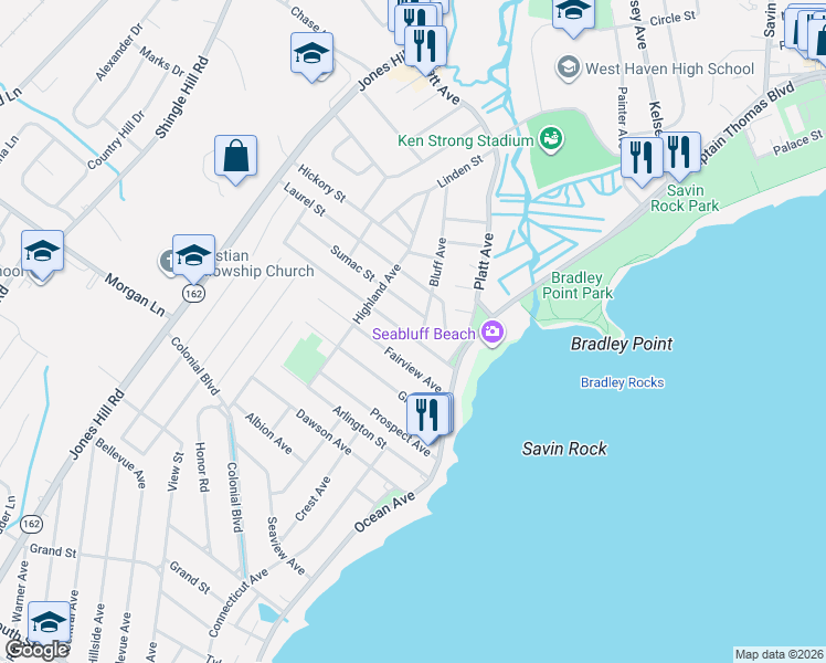 map of restaurants, bars, coffee shops, grocery stores, and more near 38 Ivy Street in West Haven
