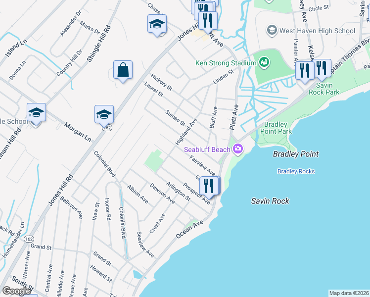 map of restaurants, bars, coffee shops, grocery stores, and more near 84 Fairview Avenue in West Haven