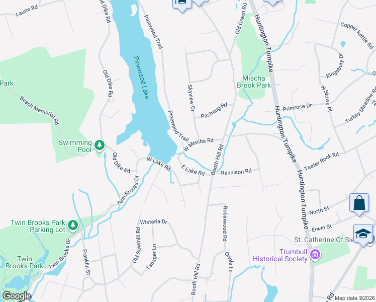 map of restaurants, bars, coffee shops, grocery stores, and more near 36 East Lake Road in Trumbull