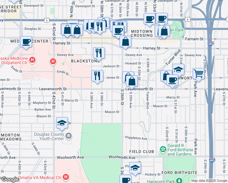 map of restaurants, bars, coffee shops, grocery stores, and more near 3612 Marcy Street in Omaha