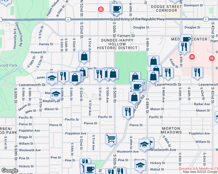 map of restaurants, bars, coffee shops, grocery stores, and more near 821 South 50th Avenue in Omaha