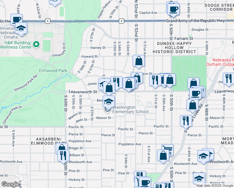map of restaurants, bars, coffee shops, grocery stores, and more near 5423 Leavenworth Street in Omaha