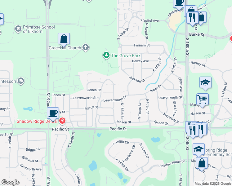 map of restaurants, bars, coffee shops, grocery stores, and more near 804 South 185th Street in Omaha