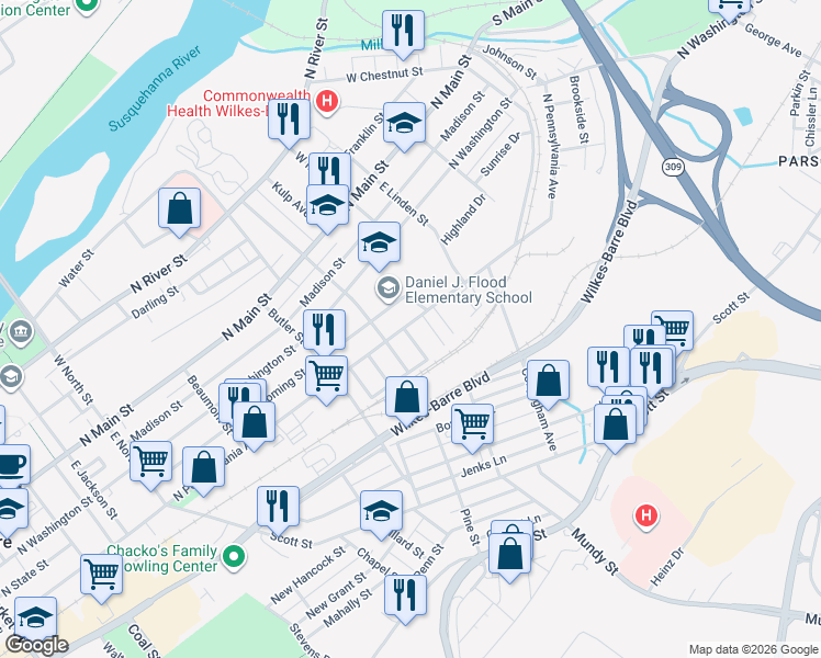 map of restaurants, bars, coffee shops, grocery stores, and more near 509 North Pennsylvania Avenue in Wilkes-Barre