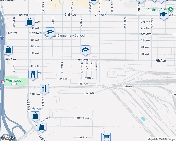 map of restaurants, bars, coffee shops, grocery stores, and more near 1105 Birch Street in Council Bluffs